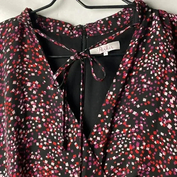 PARKER WOSIZE SMALL FLORAL DRESS RUFFLED SLEEVES BLACK W/ RED PURPLE GEO DESIGN - Picture 7 of 15